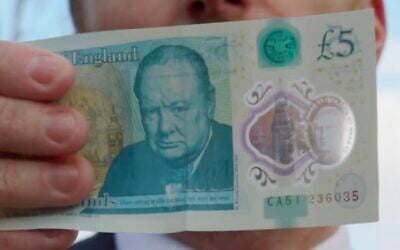 Screen capture from video of a British five pound note featured wartime leader Winston Churchill, March 11, 2026. (Conservatives/X)